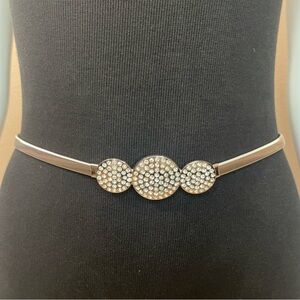 Silver tone metallic minimalist circle buckle rhinestone details skinny belt
